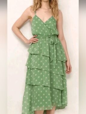 LC Lauren Conrad Green Tiered Polka Dot Midi Dress NWOT
